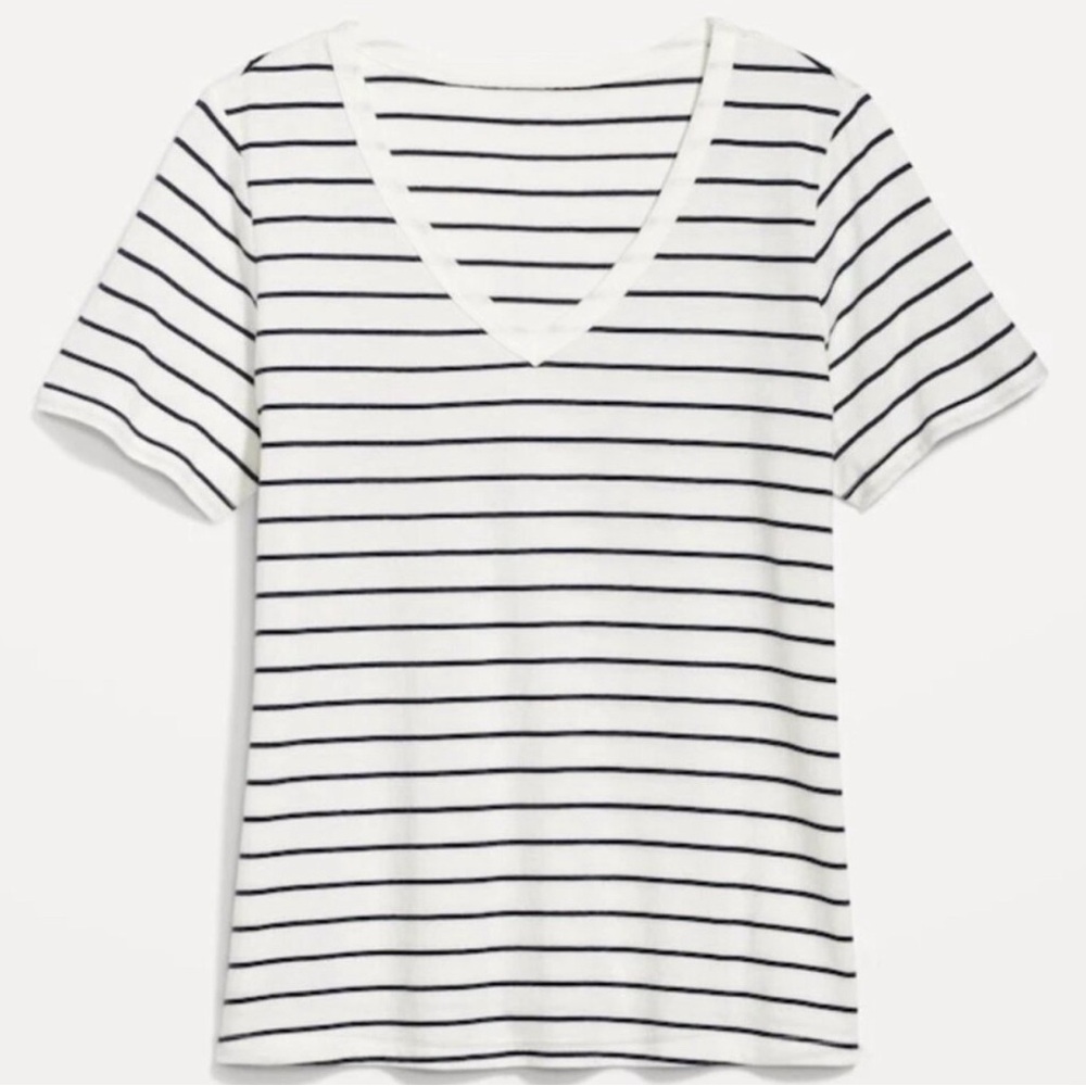 Old Navy White and Black Striped V-Neck Tee